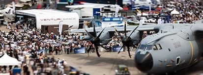 Aircraft displayed in the outdoor exhibition areas at the Paris Air Show in Paris-Le Bourget.