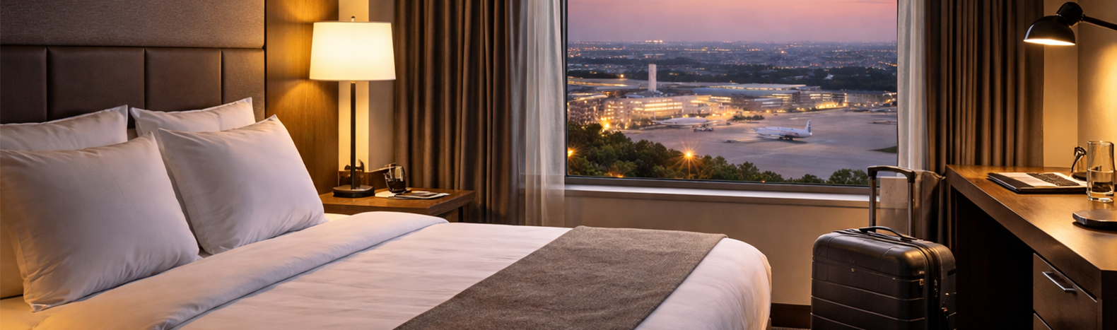 Chambre d’hôtel moderne avec lit et valise, vue sur l’aéroport et avion en vol à proximité du Salon International de l’Aéronautique et de l’Espace