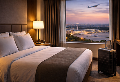 Modern hotel room with bed and suitcase, airport view and airplane in flight near the Paris Air Show
